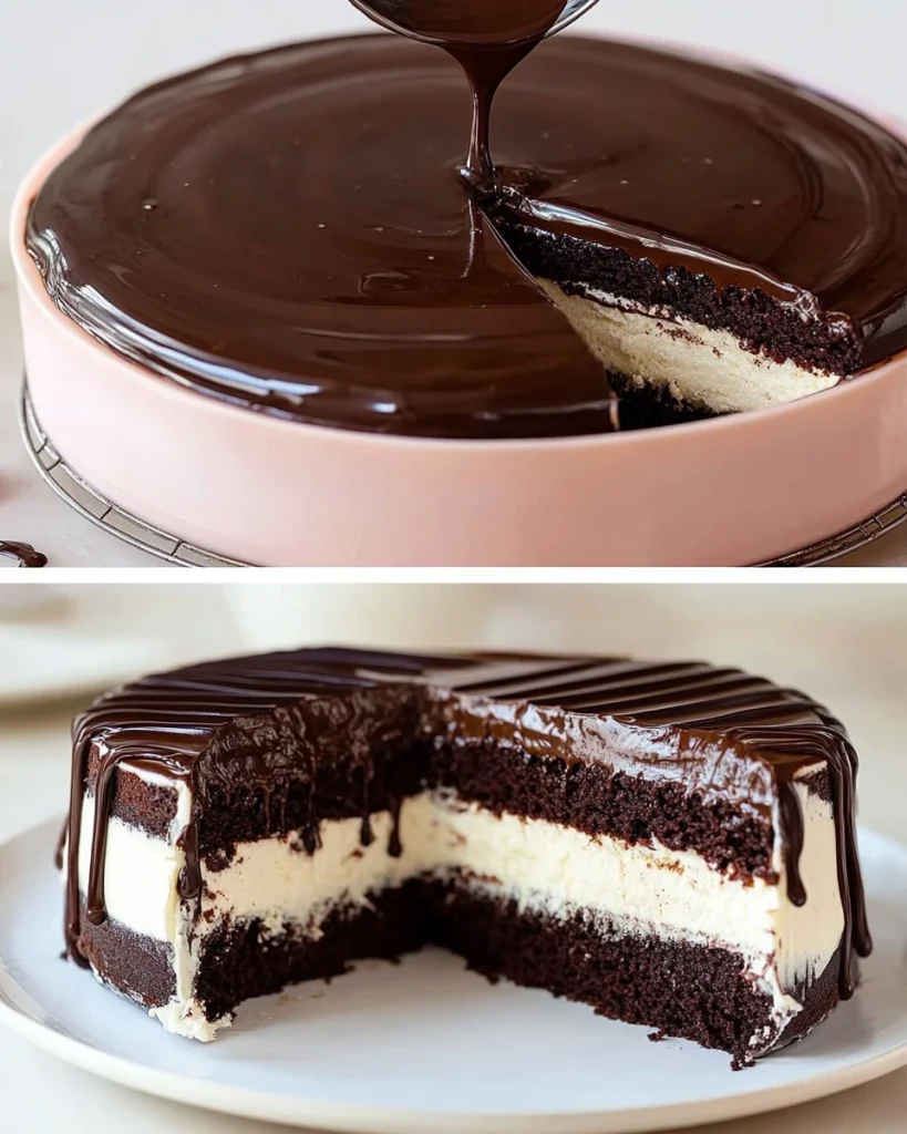 Weltbester Schokokuchen mit Vanillepudding auf einer schönen Tafel präsentiert