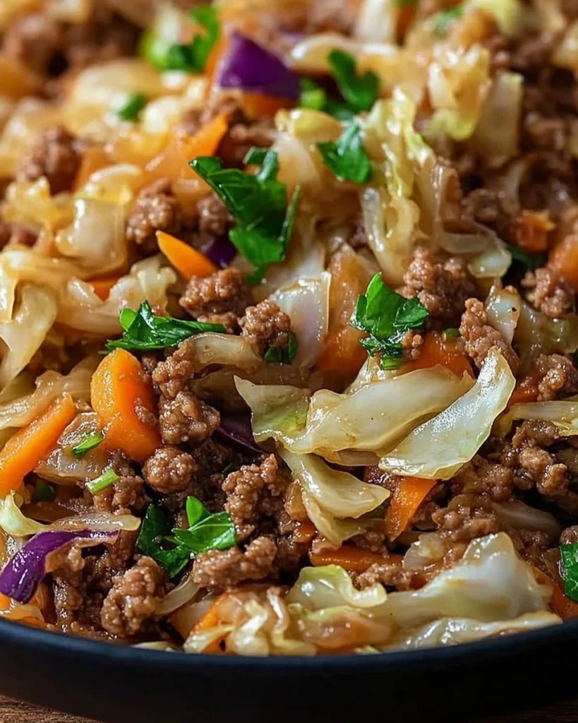 20-Minuten gesunde Hackfleisch-Kohl-Pfanne mit frischem Gemüse und Gewürzen