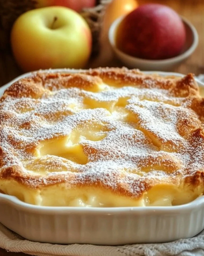 Apfelkuchen mit Vanillepudding auf einem Teller serviert