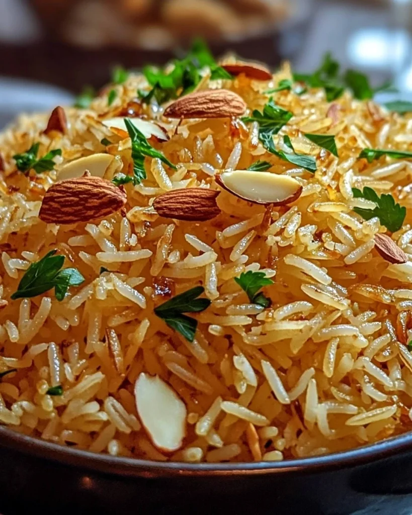 Schüssel mit leckerem Arabischer Reis, serviert mit frischen Kräutern.