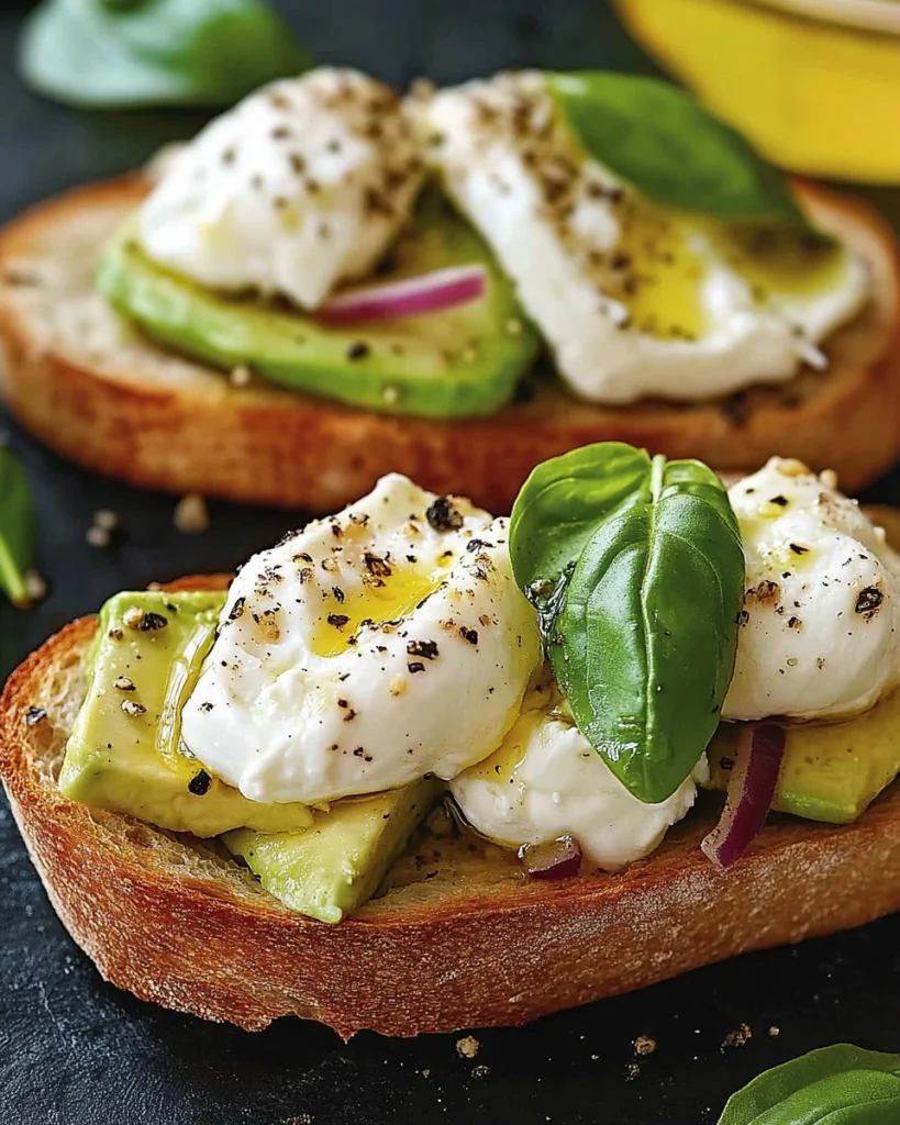 Avocado-Burrata-Bruschetta auf einem Holzbrett garniert mit frischen Kräutern.