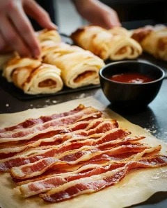 Leckere Bacon Cheese Blätterteig-Drehen auf einem Teller serviert
