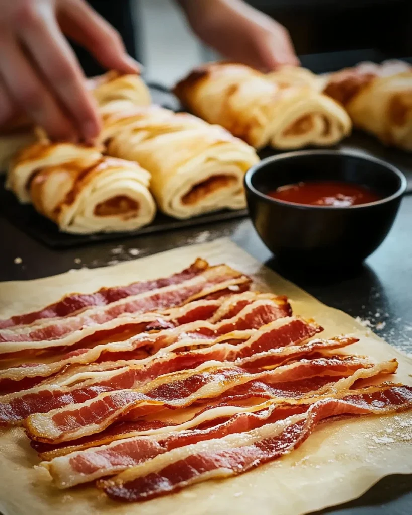 Leckere Bacon Cheese Blätterteig-Drehen auf einem Teller serviert