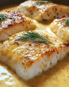 Gebackener Kabeljau mit Senf-Zitronen-Creme auf einem Teller serviert.