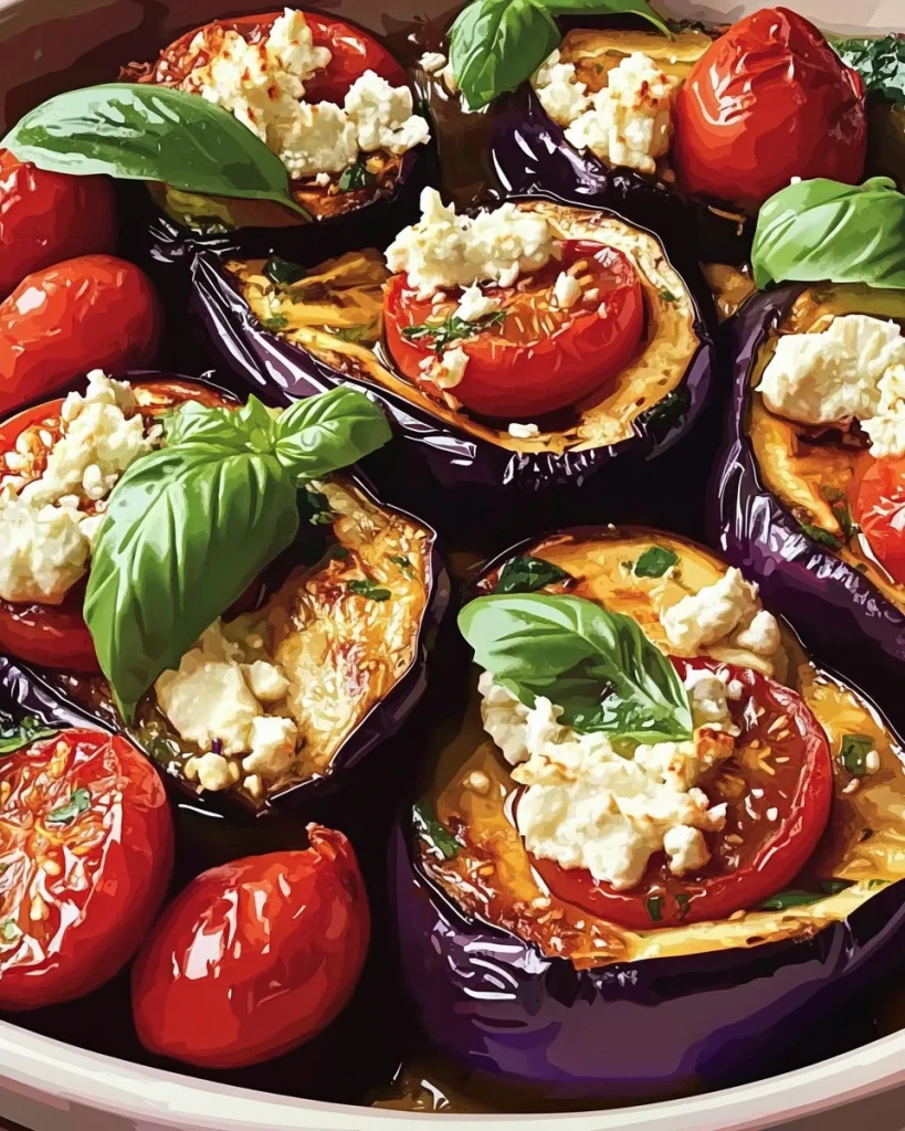 Gebackene Auberginen mit Feta und Kirschtomaten auf einem Teller.
