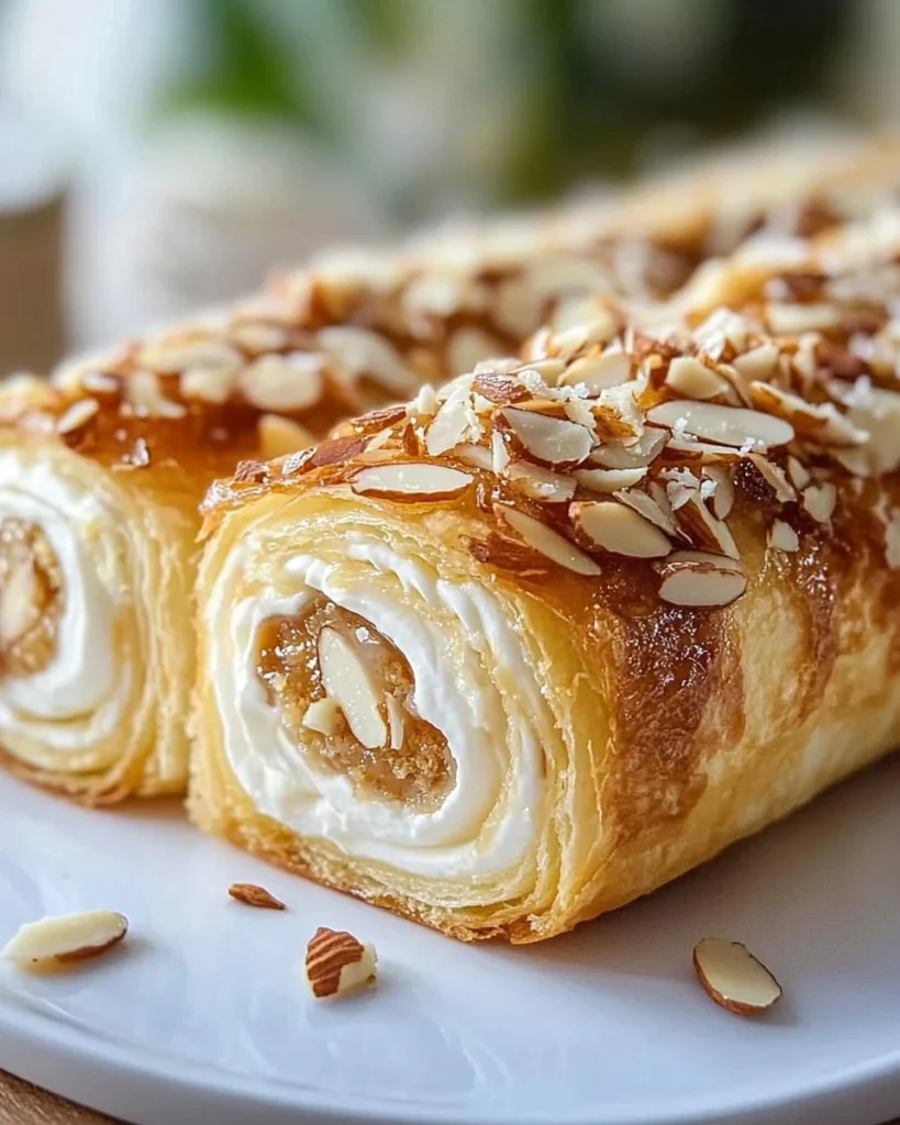 Bienenstich-Biskuitrolle mit Mandeln und Sahnefüllung auf einem dekorativen Teller.