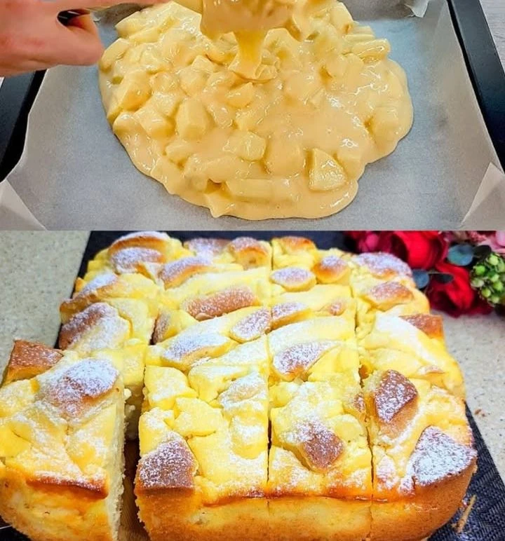 Blitz-Apfelkuchen mit Äpfeln, frisch gebacken und goldbraun serviert.