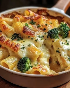 Leckerer Brokkoli Auflauf mit Hähnchen auf einem Teller serviert