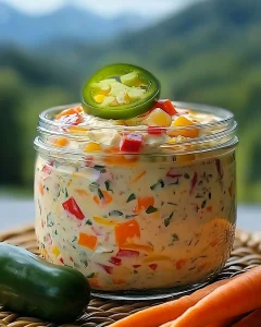 Bunter Paprika-Käse-Dip mit Jalapeño auf einem grauen Tisch serviert