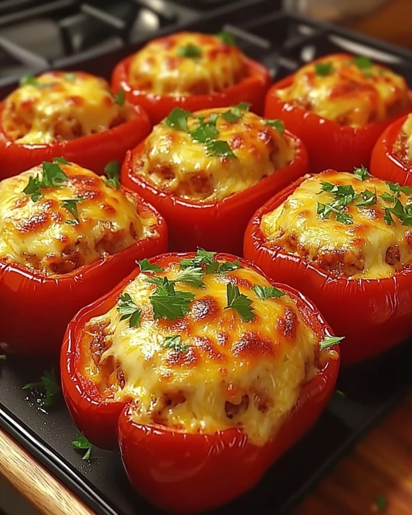 Cremig gefüllte Paprikaschiffchen serviert auf einem Tomatenmeer