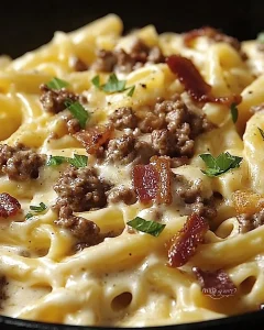 Cremige Bacon-Cheeseburger-Alfredo-Pasta mit Käse und Speck