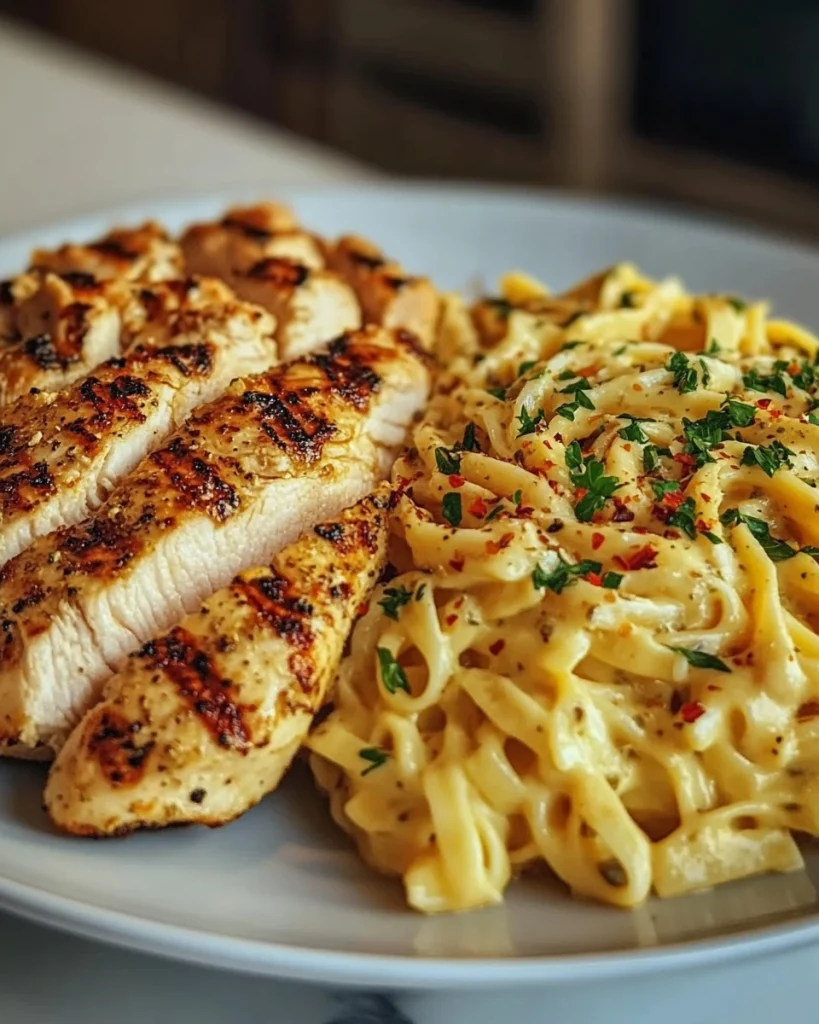 Cremiges Knoblauch-Parmesan-Hähnchen mit käseiger Dreh-Pasta auf einem Teller.