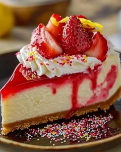 Erdbeer Käsekuchen ohne Backen auf einem Teller mit frischen Erdbeeren