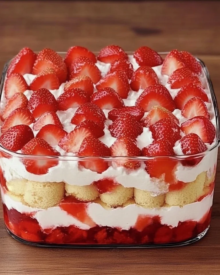 Leckeres Erdbeer Tiramisu auf einem Teller mit frischen Erdbeeren garniert.