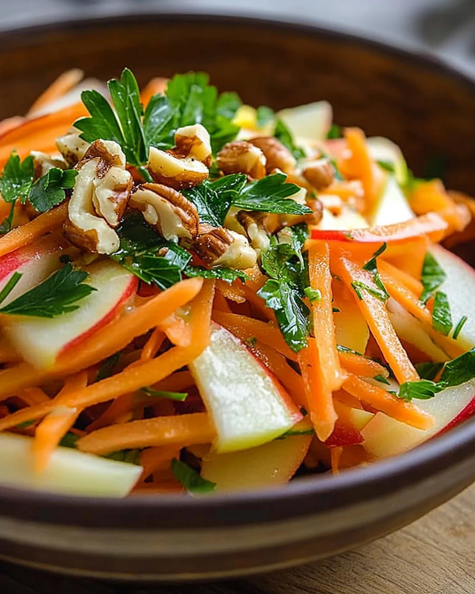 Frühlingssalat mit Kohlrabi, Möhren und Äpfeln frisch angerichtet.