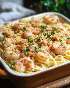 Garnelen Scampi Nudelauflauf mit frischen Garnelen und Käse überbacken