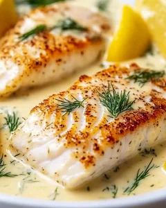Gebackener Fisch mit Zitronen-Cremesauce auf einem Teller angerichtet