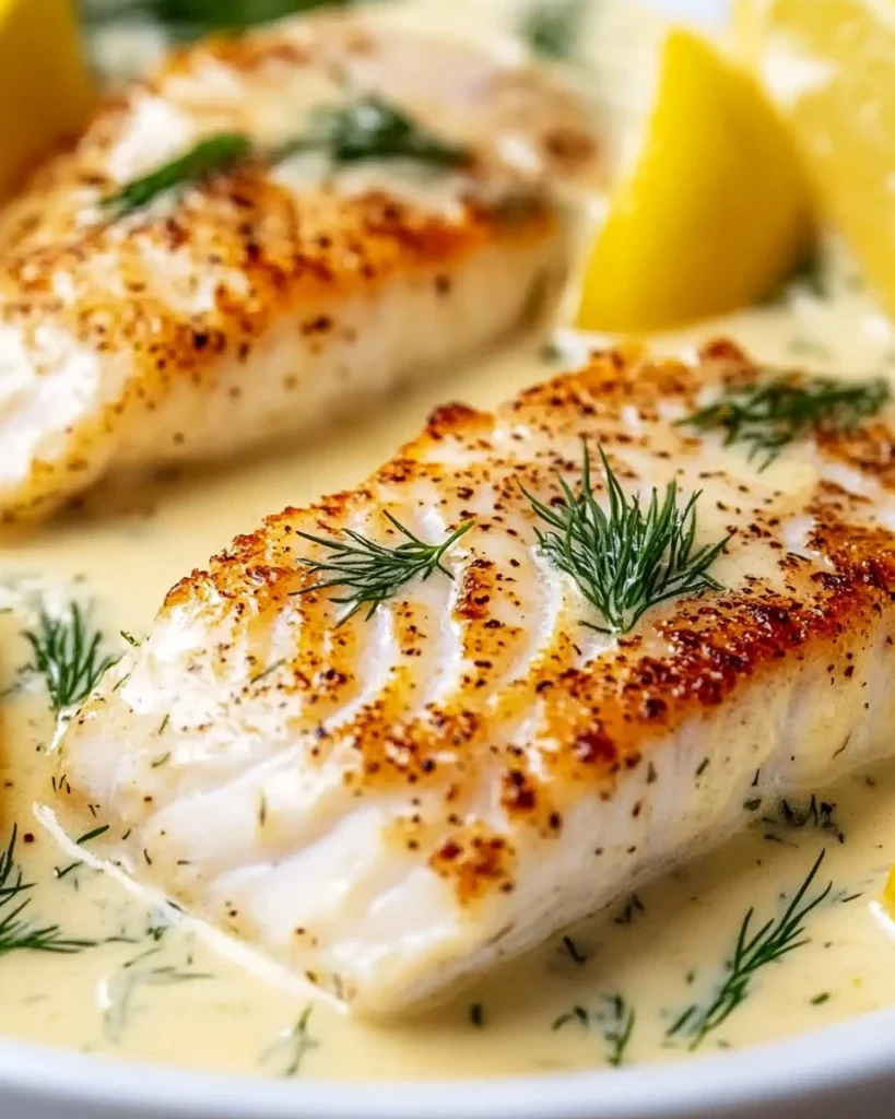 Gebackener Fisch mit Zitronen-Cremesauce auf einem Teller angerichtet