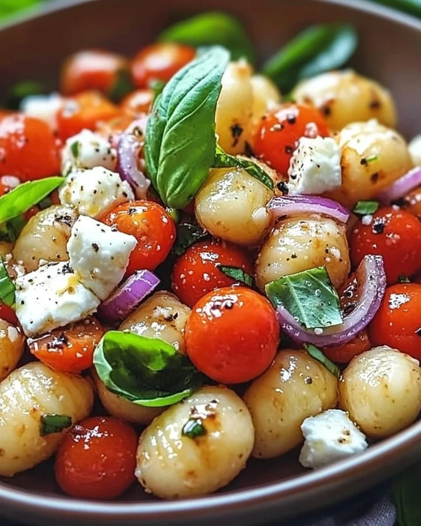 Gnocchi-Salat mit Feta und Tomaten in einer Schüssel serviert.