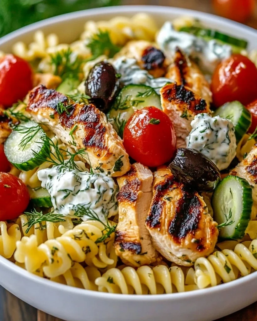 Griechischer Hähnchen-Tzatziki-Pasta-Salat mit frischem Gemüse und Kräutern