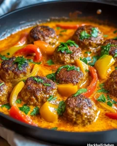 Hackbällchen in cremiger Paprikasoße serviert auf einem Teller