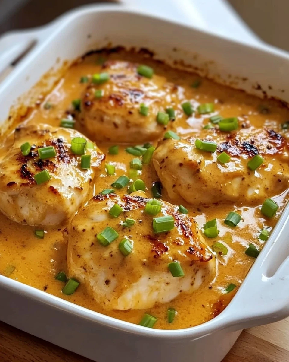 Hähnchenbrust in cremiger Frischkäse-Soße serviert auf einem Teller.