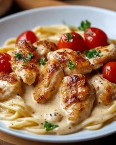 Hähnchenstreifen mit Nudeln in Sahnesauce auf einem Teller serviert