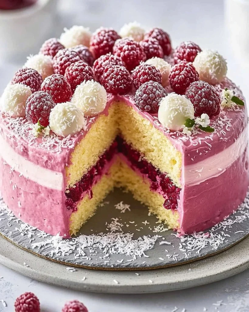 Himbeer-Raffaello-Torte mit frischen Himbeeren und dekorativer Kokosnuss.