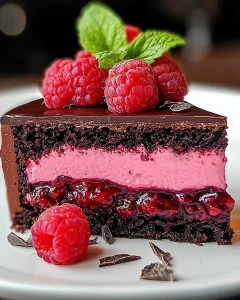 Himbeer-Schokotorte mit Schokoladenglasur und frischen Himbeeren