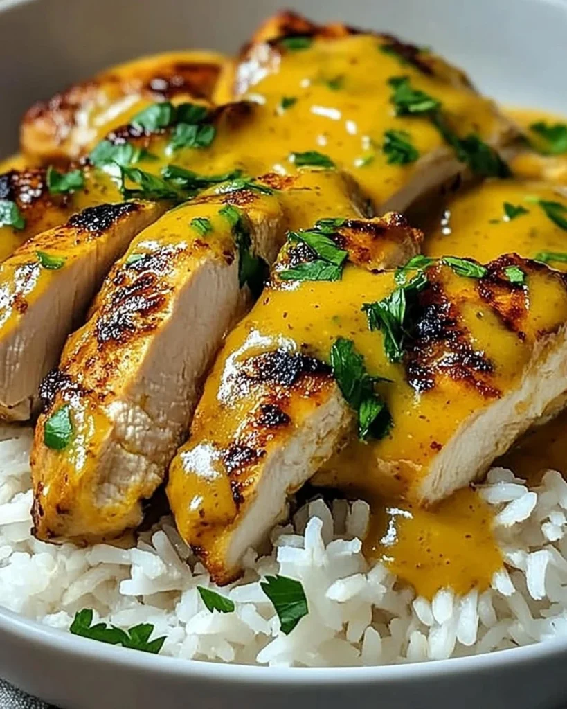 Honig Senf Hühnchen mit Reis auf einem Teller serviert