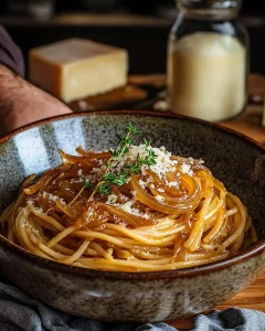 Karamellisierte Zwiebel-Pasta mit aromatischen Kräutern und Spaghetti.