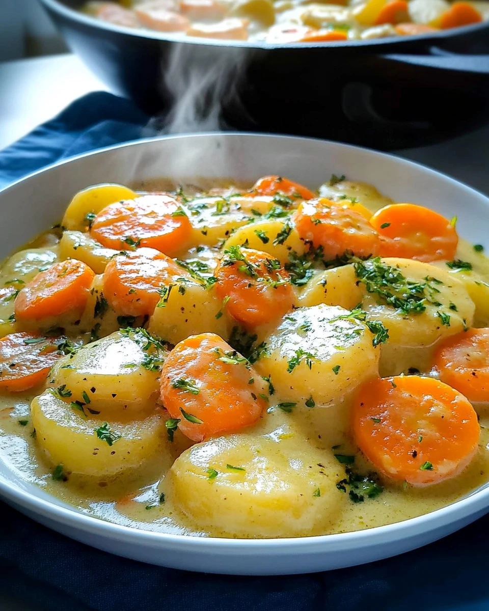 Kartoffel-Karotten-Pfanne mit Gorgonzola auf einem Teller serviert.