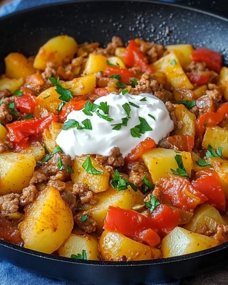 Köstliche Kartoffel-Paprika-Pfanne mit Hackfleisch und Créme Fraîche auf einem Teller.