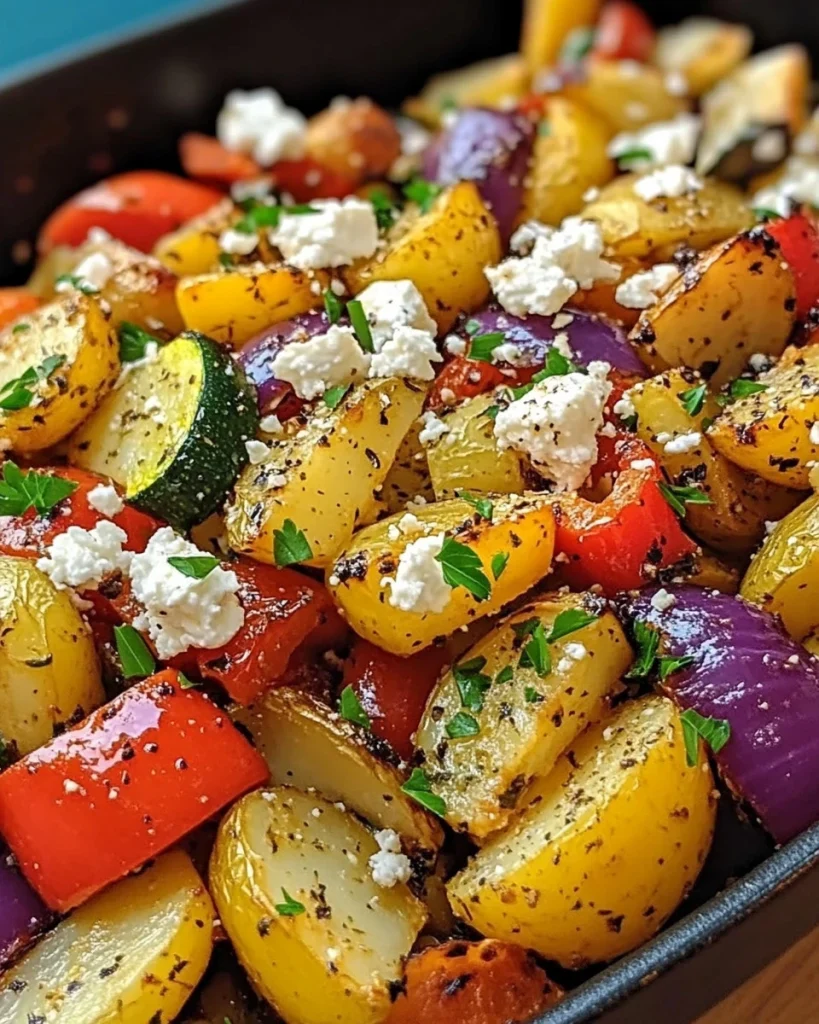 Knusprige Feta-Kartoffeln mit buntem Ofengemüse auf einem Teller
