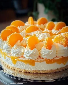 Luftiger Fantakuchen mit Mandarinen und Vanillecreme auf einem Teller.