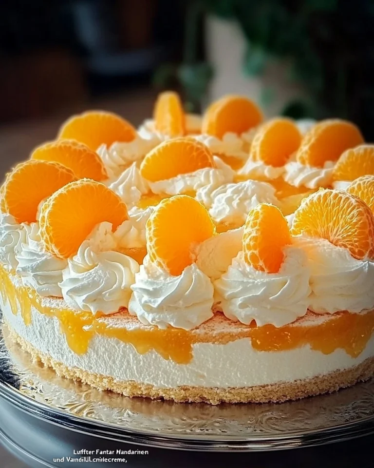 Luftiger Fantakuchen mit Mandarinen und Vanillecreme auf einem Teller.