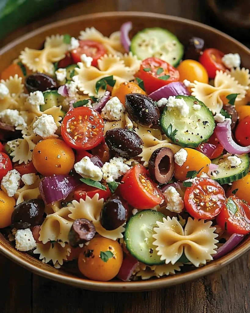 Nudelsalat mit Feta und buntem Gemüse auf einem Teller angerichtet