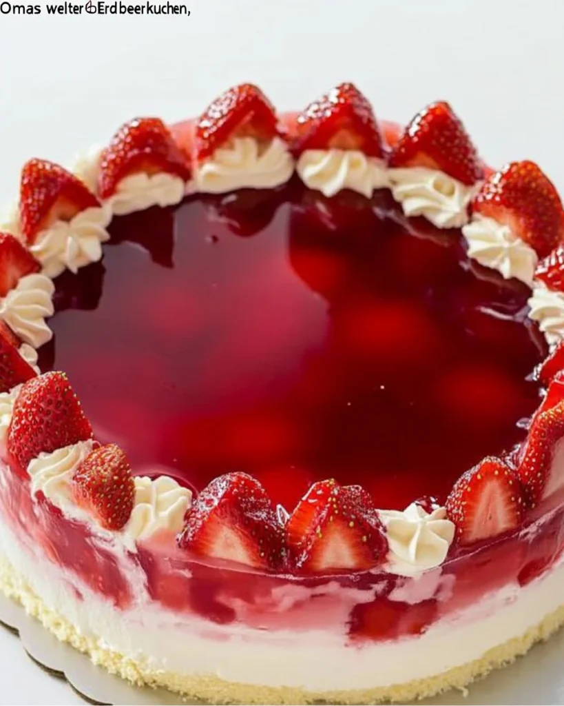 Omas weltbester Erdbeerkuchen mit frischen Erdbeeren in der Sommer-Sonne