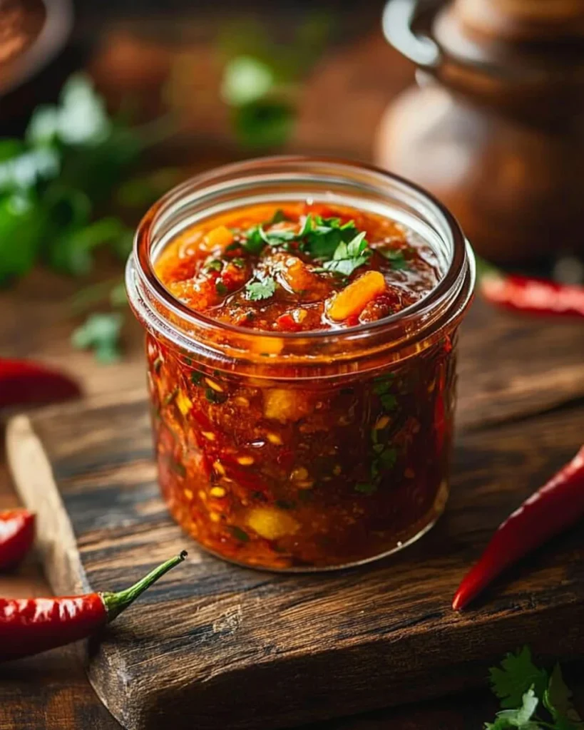 Paprika-Zwiebel-Chutney in einem Glas, perfekt zum Grillen