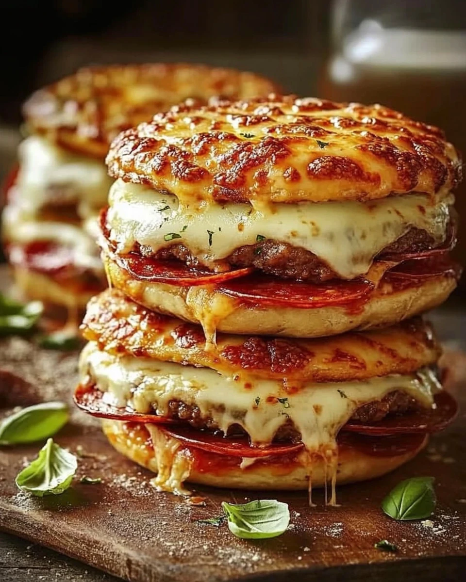 Köstlicher Pizza Burger mit Käse und frischen Zutaten auf einem Teller