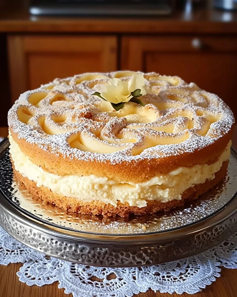 Quark-Schneekuchen mit Vanillepudding auf einem Teller serviert