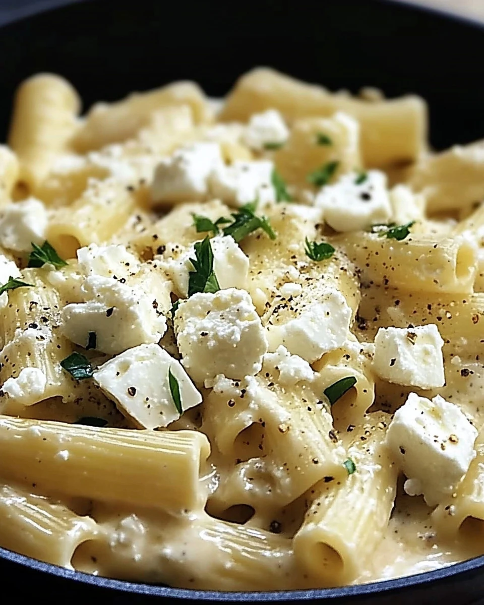 Rigatoni in Feta-Sahnesauce mit frischen Kräutern serviert