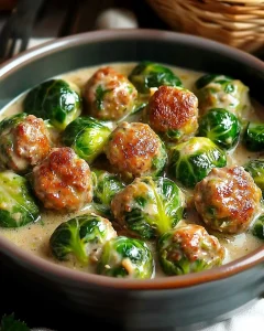 Rosenkohleintopf mit Hackbällchen, eine leckere und nahrhafte Mahlzeit.