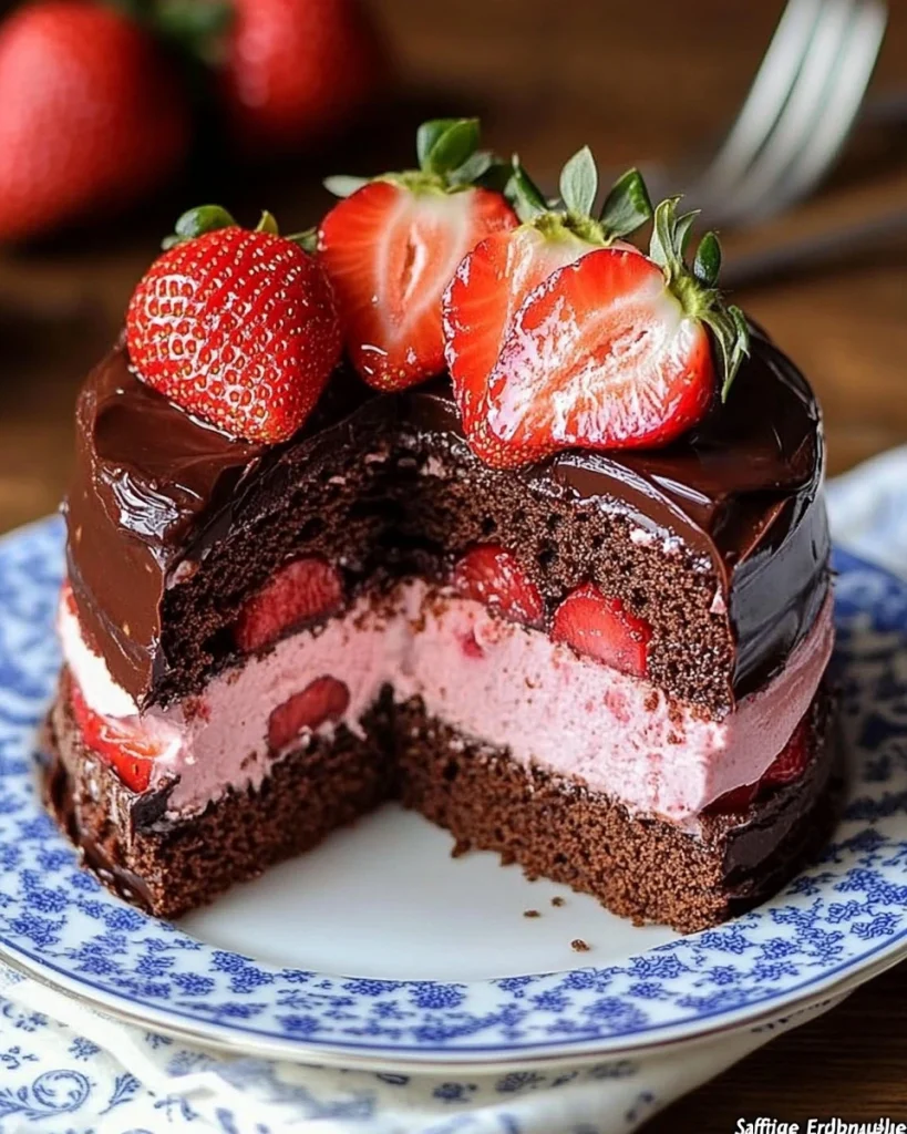 Saftige Erdbeer-Donauwelle mit frischen Erdbeeren und Schokoladenglasur