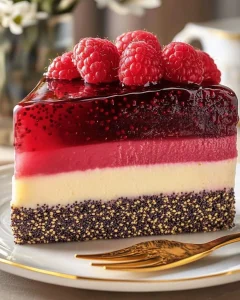 Leckere Schneewittchen-Torte mit Himbeer, Mohn und Topfen auf einem kreativen Dessertteller