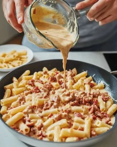 Schnelle Schinken-Nudeln mit Schmandsoße serviert auf einem Teller