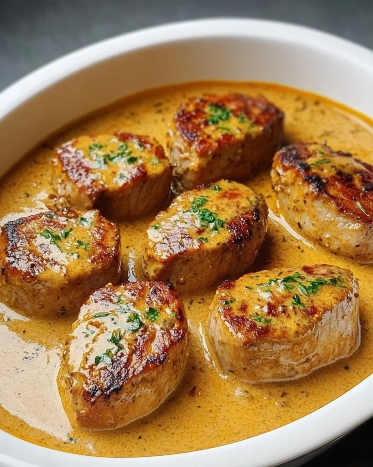 Zartes Schweinefilet in einer cremigen Curry-Sahne-Sauce serviert.