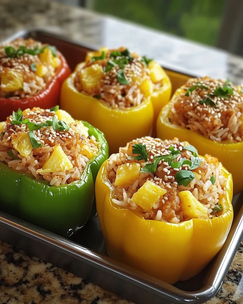 Teriyaki-Ananas-Hähnchen in gefüllten Paprika mit Reis