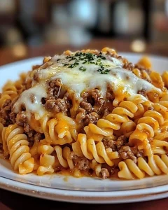 Leckere würzige Hackfleisch-Makkaroni mit Käse auf einem Teller serviert.