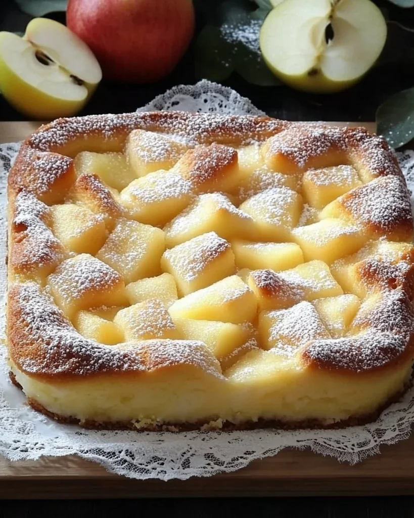 Köstlicher Apfelkuchen mit Vanillepudding auf einem dekorativen Teller.